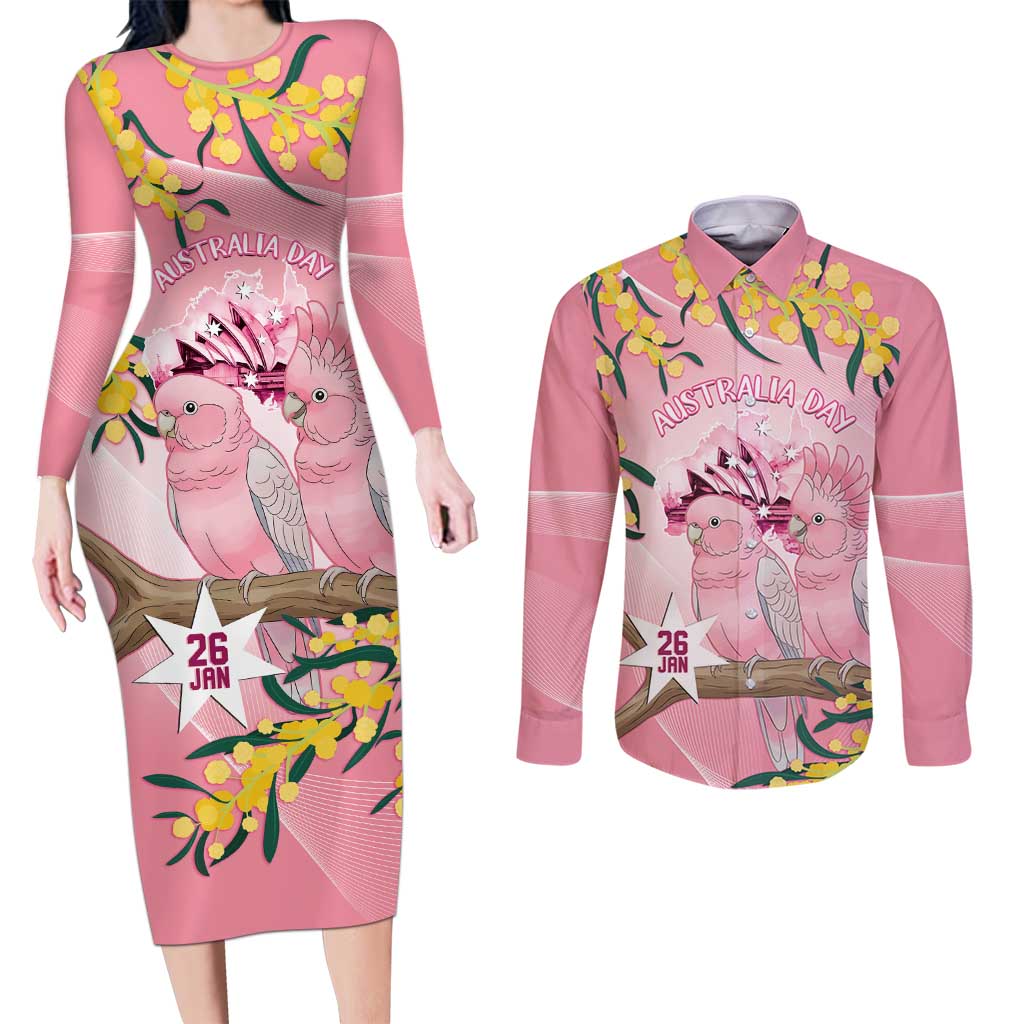 Personalised Galah Australia Day Couples Matching Long Sleeve Bodycon Dress and Long Sleeve Button Shirt 26th January Golden Wattle Pink Color - Aussie Hoodie