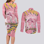 Personalised Galah Australia Day Couples Matching Long Sleeve Bodycon Dress and Long Sleeve Button Shirt 26th January Golden Wattle Pink Color - Aussie Hoodie