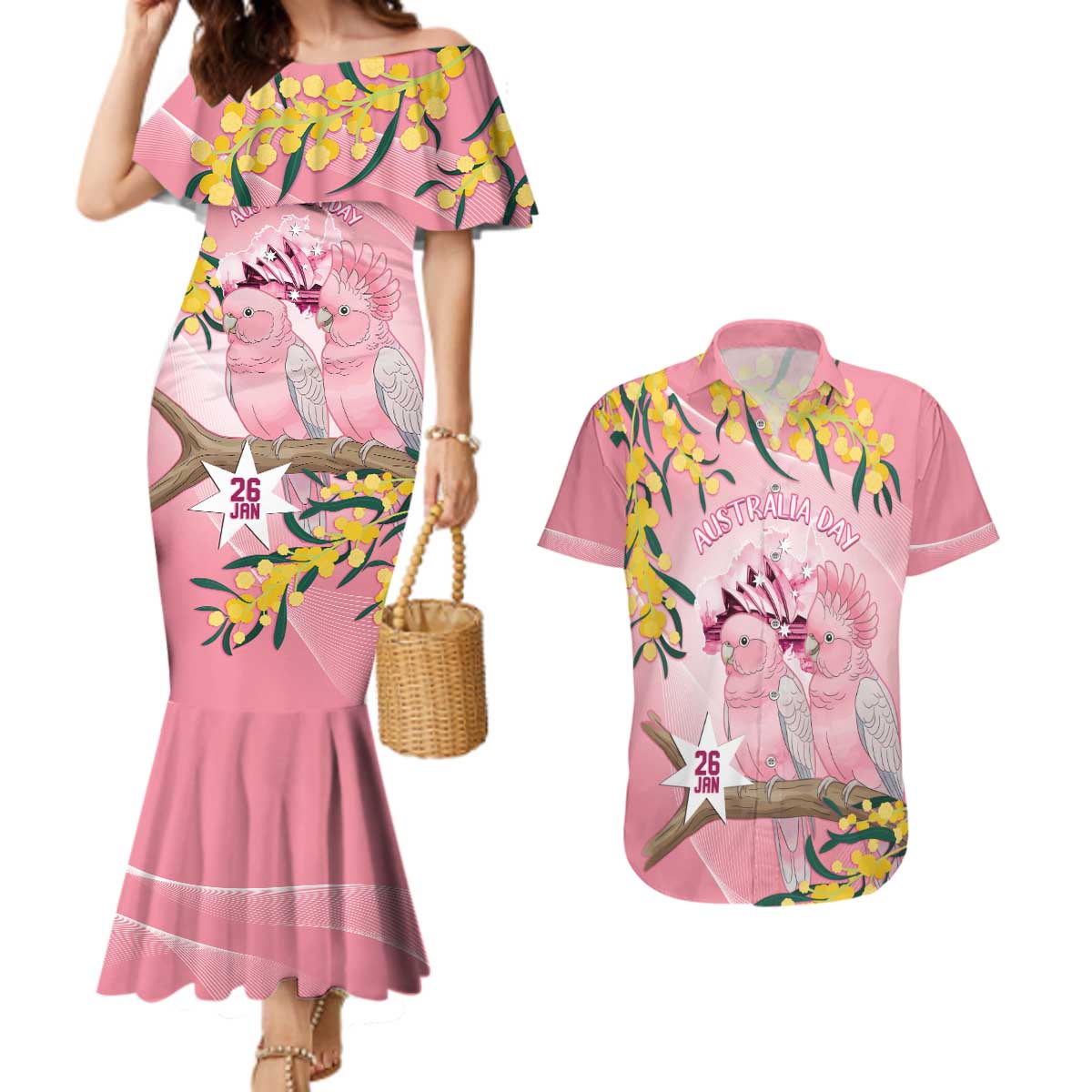 Personalised Galah Australia Day Couples Matching Mermaid Dress and Hawaiian Shirt 26th January Golden Wattle Pink Color - Aussie Hoodie