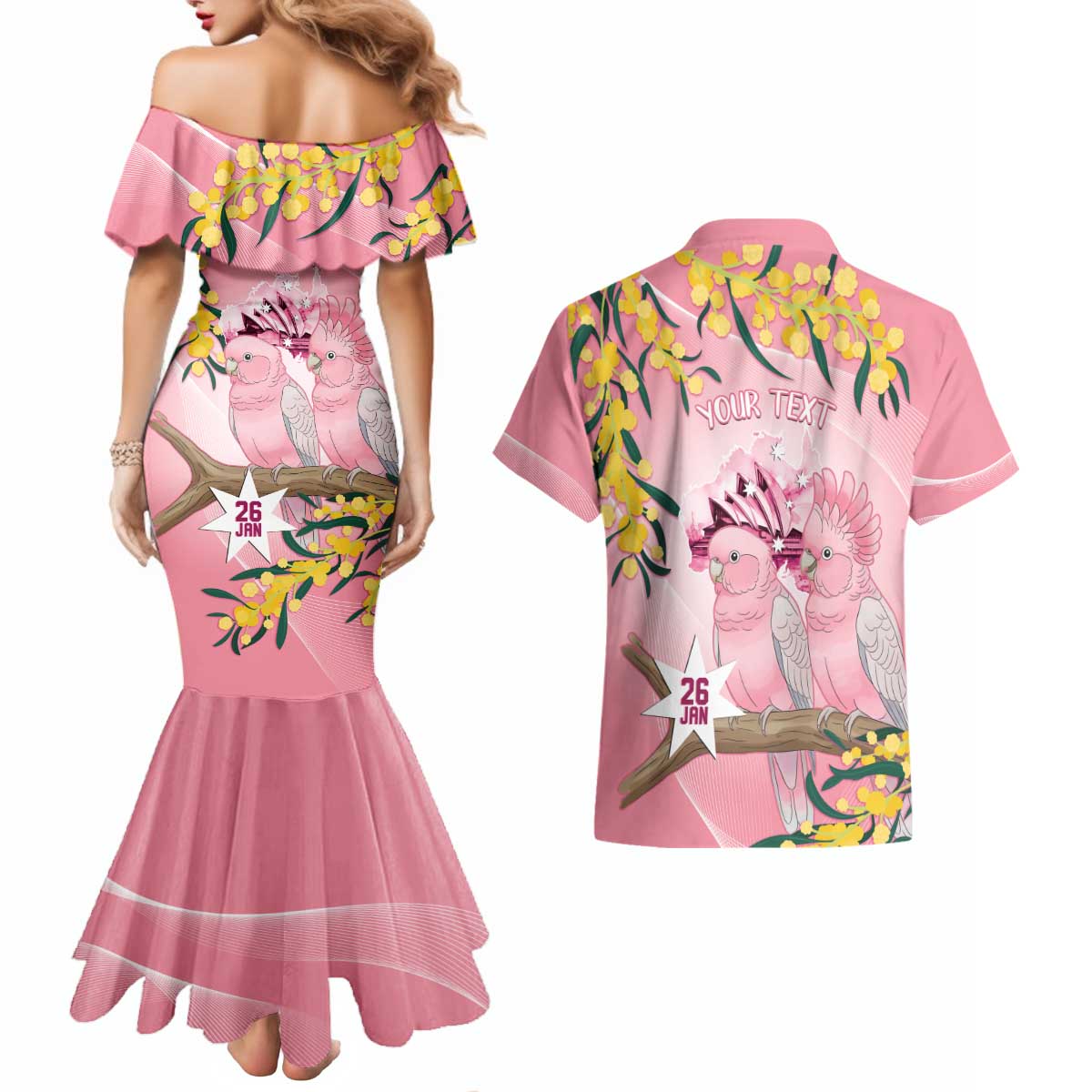 Personalised Galah Australia Day Couples Matching Mermaid Dress and Hawaiian Shirt 26th January Golden Wattle Pink Color - Aussie Hoodie