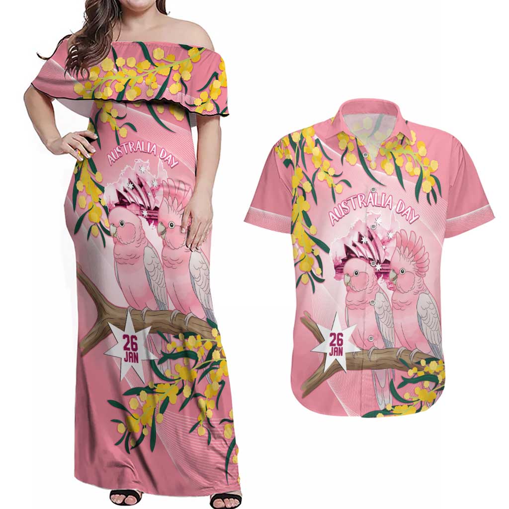 Personalised Galah Australia Day Couples Matching Off Shoulder Maxi Dress and Hawaiian Shirt 26th January Golden Wattle Pink Color - Aussie Hoodie