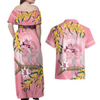 Personalised Galah Australia Day Couples Matching Off Shoulder Maxi Dress and Hawaiian Shirt 26th January Golden Wattle Pink Color - Aussie Hoodie