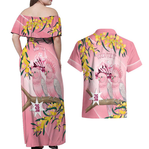 Personalised Galah Australia Day Couples Matching Off Shoulder Maxi Dress and Hawaiian Shirt 26th January Golden Wattle Pink Color - Aussie Hoodie