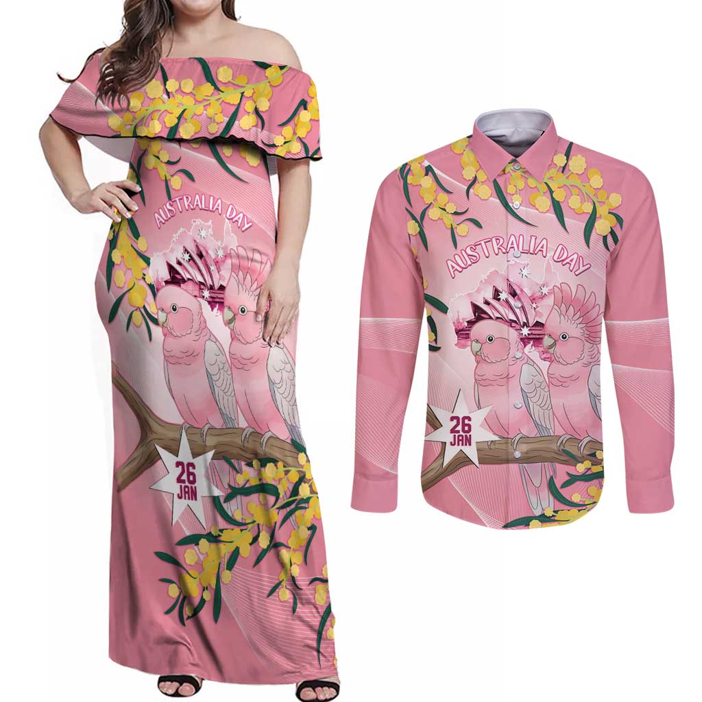 Personalised Galah Australia Day Couples Matching Off Shoulder Maxi Dress and Long Sleeve Button Shirt 26th January Golden Wattle Pink Color - Aussie Hoodie