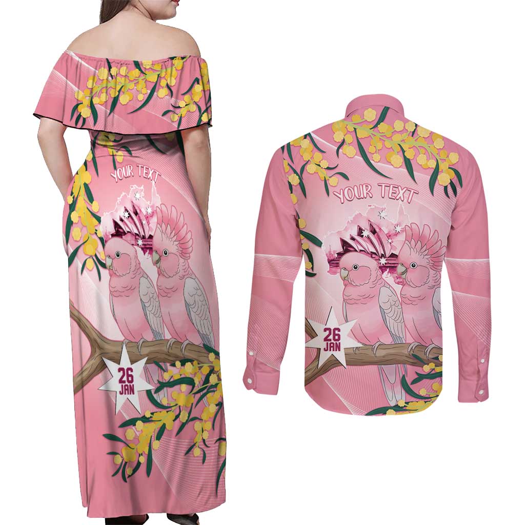 Personalised Galah Australia Day Couples Matching Off Shoulder Maxi Dress and Long Sleeve Button Shirt 26th January Golden Wattle Pink Color - Aussie Hoodie