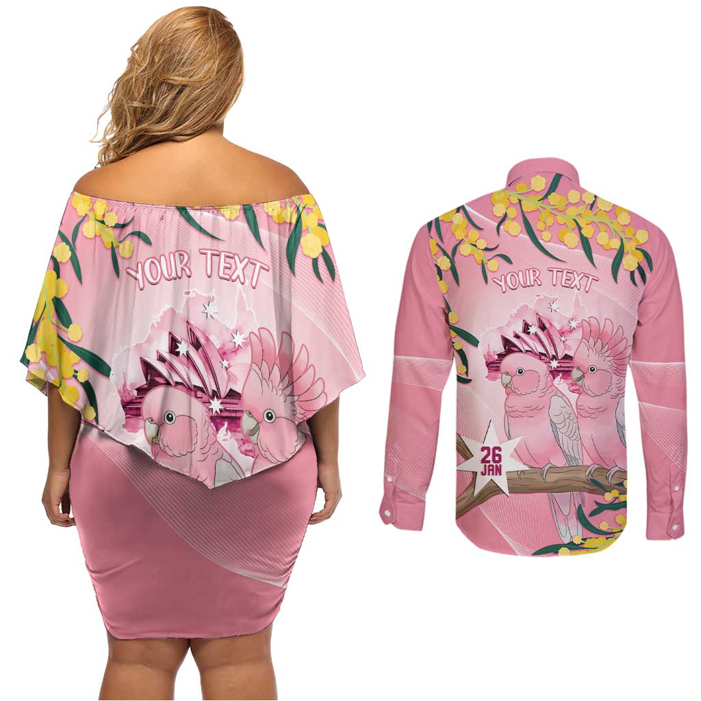 Personalised Galah Australia Day Couples Matching Off Shoulder Short Dress and Long Sleeve Button Shirt 26th January Golden Wattle Pink Color - Aussie Hoodie