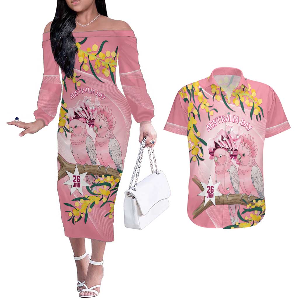 Personalised Galah Australia Day Couples Matching Off The Shoulder Long Sleeve Dress and Hawaiian Shirt 26th January Golden Wattle Pink Color - Aussie Hoodie