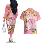 Personalised Galah Australia Day Couples Matching Off The Shoulder Long Sleeve Dress and Hawaiian Shirt 26th January Golden Wattle Pink Color - Aussie Hoodie