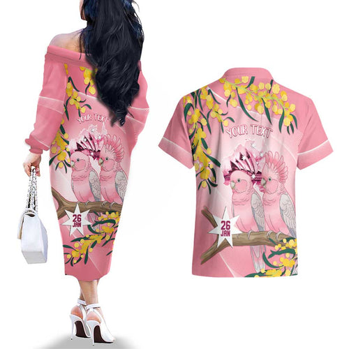 Personalised Galah Australia Day Couples Matching Off The Shoulder Long Sleeve Dress and Hawaiian Shirt 26th January Golden Wattle Pink Color - Aussie Hoodie