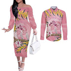 Personalised Galah Australia Day Couples Matching Off The Shoulder Long Sleeve Dress and Long Sleeve Button Shirt 26th January Golden Wattle Pink Color - Aussie Hoodie