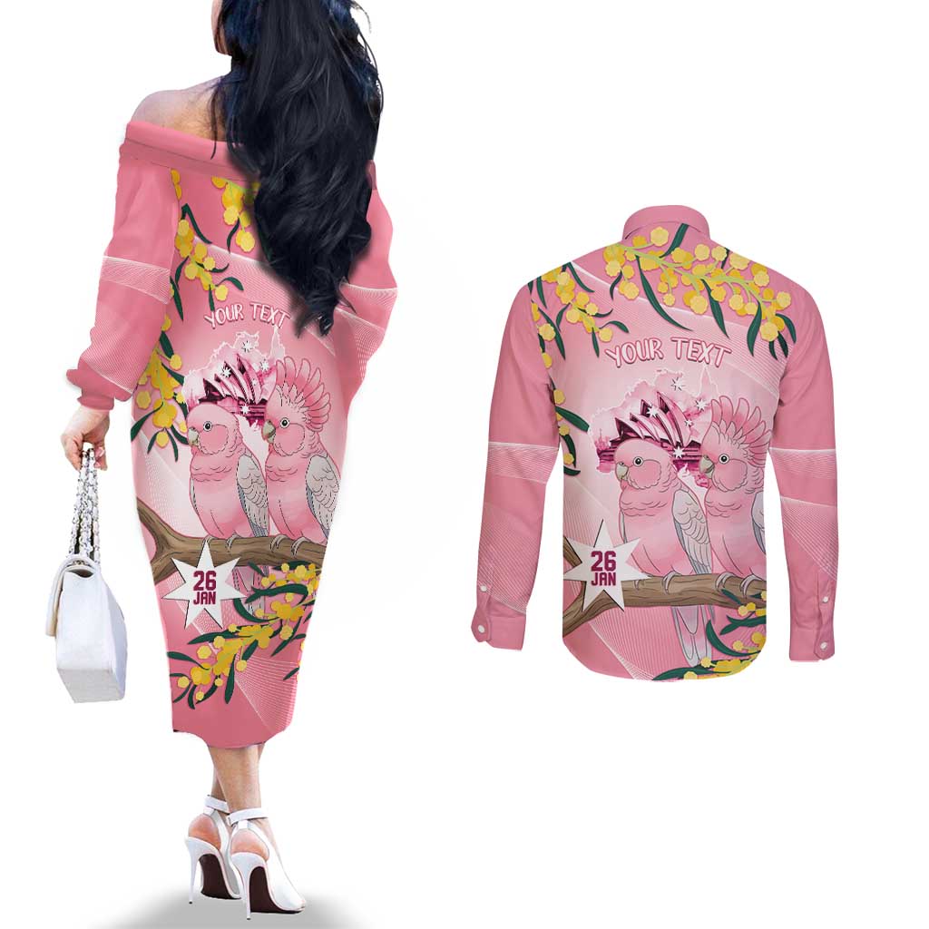 Personalised Galah Australia Day Couples Matching Off The Shoulder Long Sleeve Dress and Long Sleeve Button Shirt 26th January Golden Wattle Pink Color - Aussie Hoodie