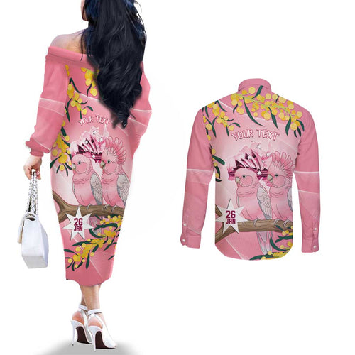 Personalised Galah Australia Day Couples Matching Off The Shoulder Long Sleeve Dress and Long Sleeve Button Shirt 26th January Golden Wattle Pink Color - Aussie Hoodie