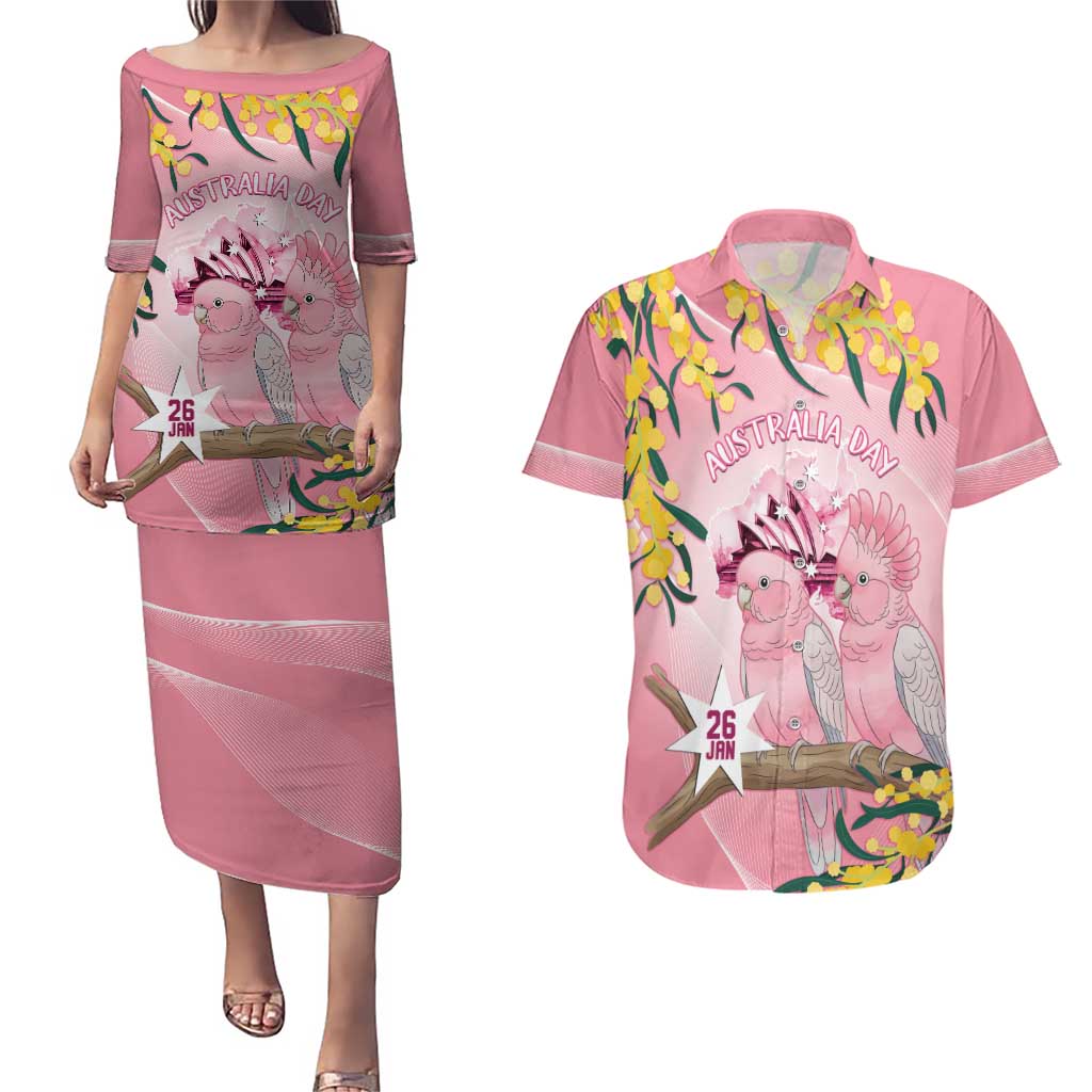 Personalised Galah Australia Day Couples Matching Puletasi and Hawaiian Shirt 26th January Golden Wattle Pink Color - Aussie Hoodie