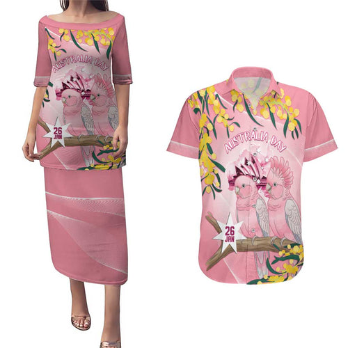 Personalised Galah Australia Day Couples Matching Puletasi and Hawaiian Shirt 26th January Golden Wattle Pink Color - Aussie Hoodie