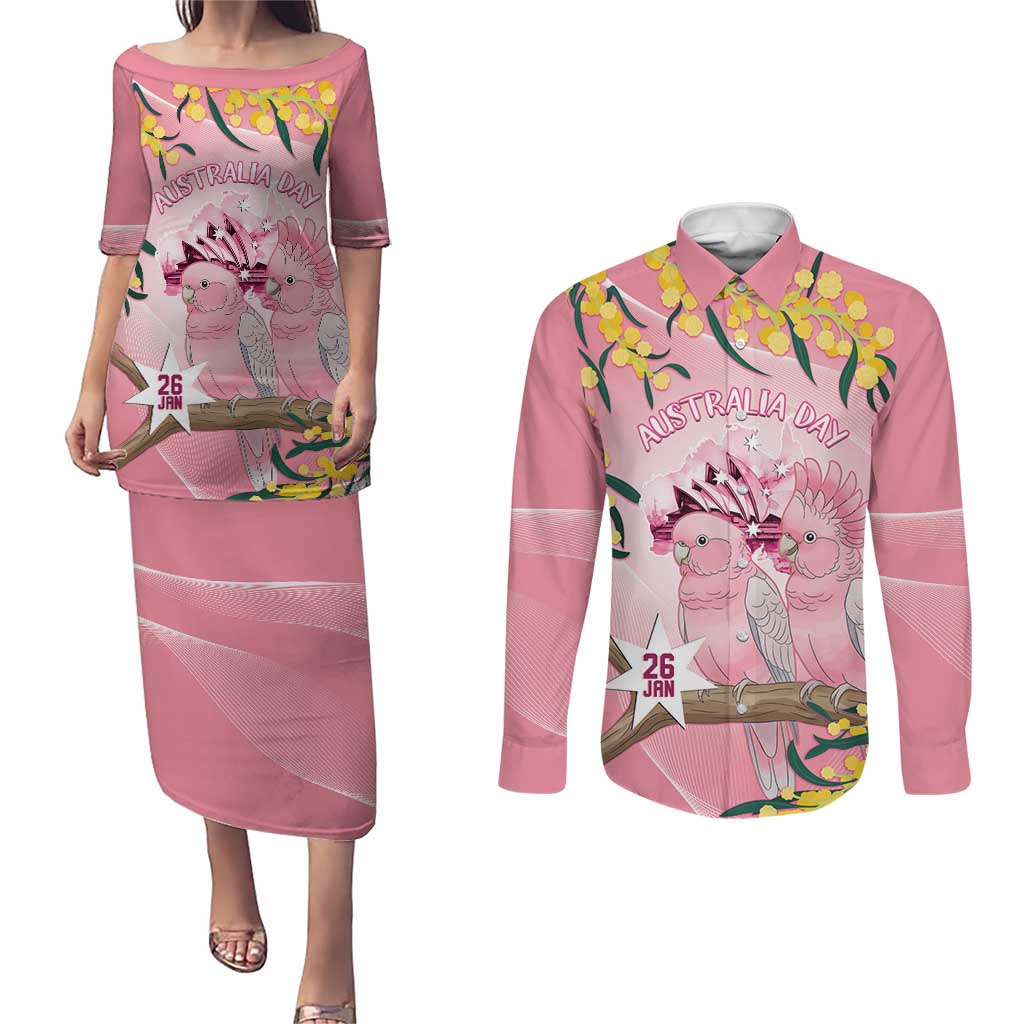 Personalised Galah Australia Day Couples Matching Puletasi and Long Sleeve Button Shirt 26th January Golden Wattle Pink Color - Aussie Hoodie