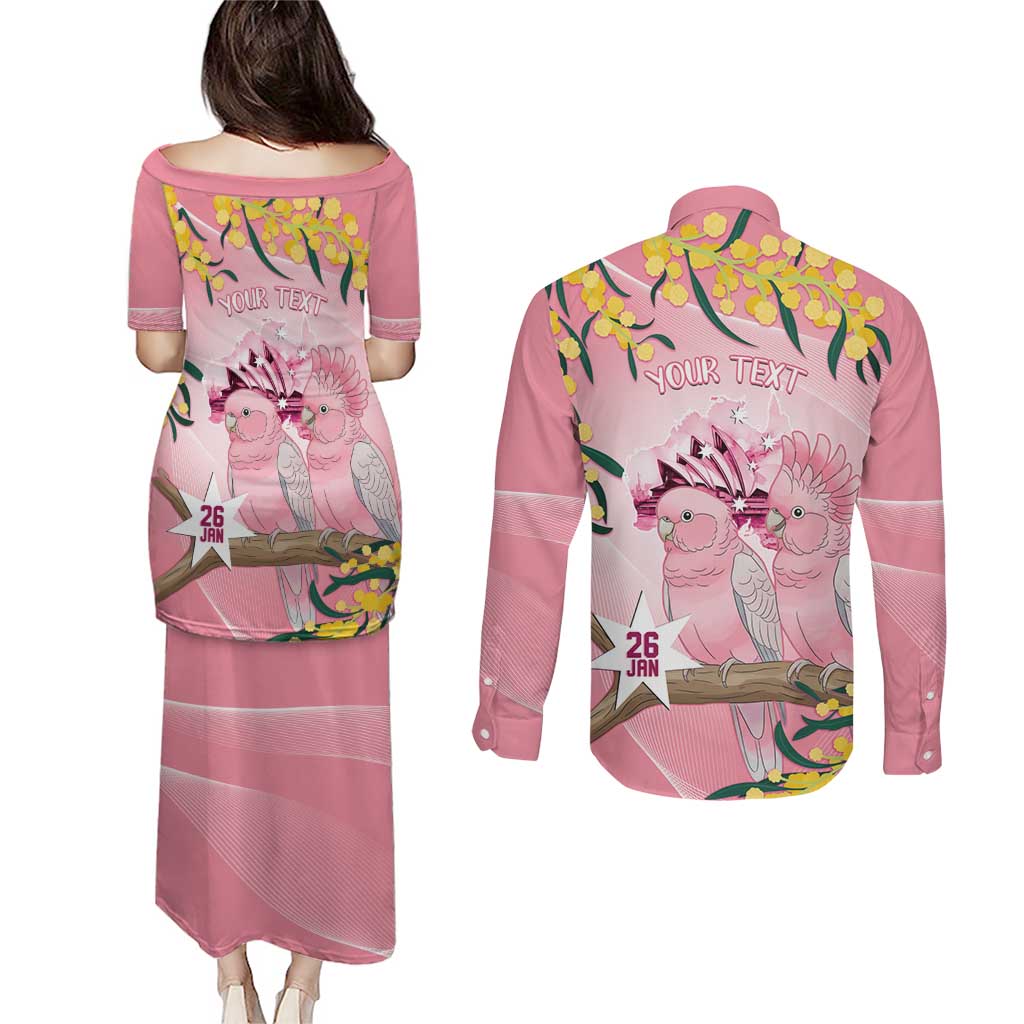 Personalised Galah Australia Day Couples Matching Puletasi and Long Sleeve Button Shirt 26th January Golden Wattle Pink Color - Aussie Hoodie