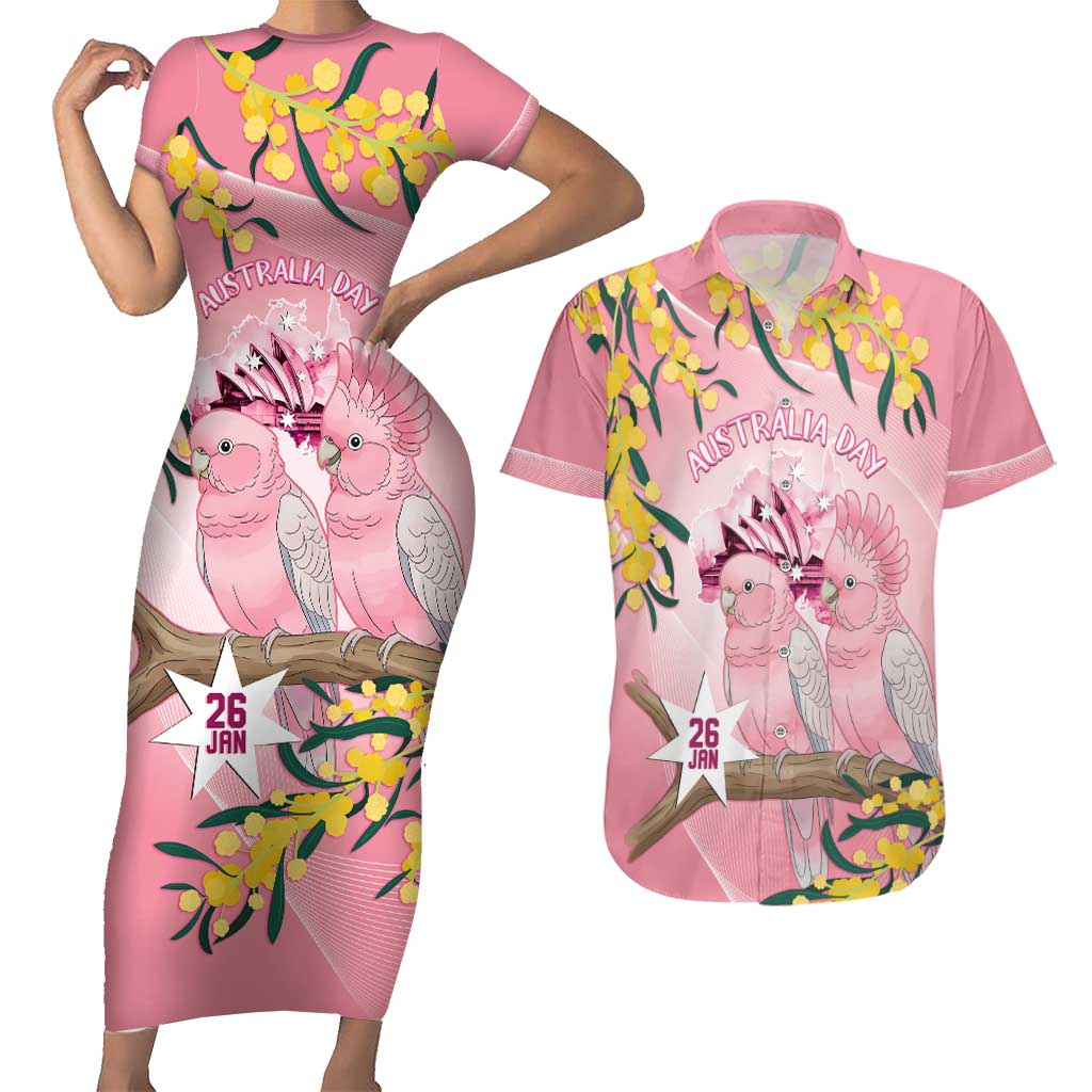 Personalised Galah Australia Day Couples Matching Short Sleeve Bodycon Dress and Hawaiian Shirt 26th January Golden Wattle Pink Color - Aussie Hoodie
