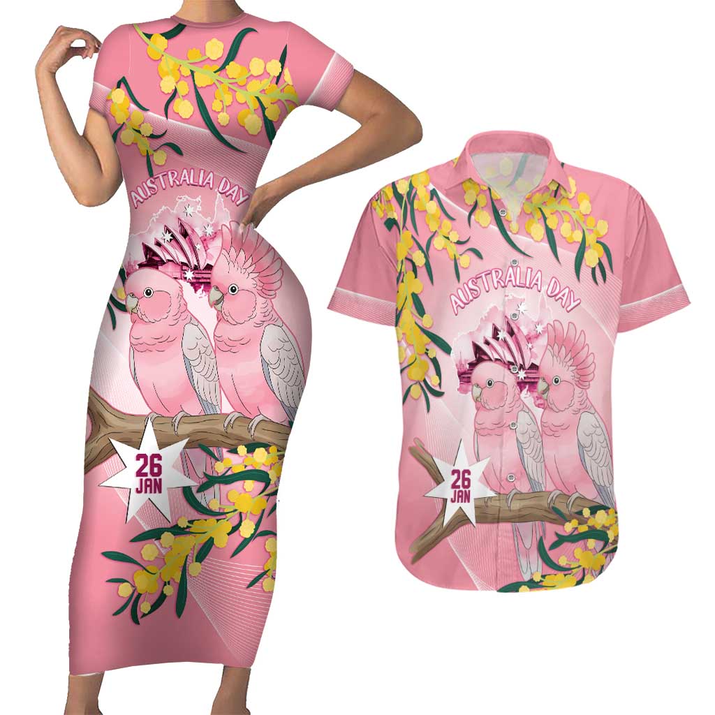 Personalised Galah Australia Day Couples Matching Short Sleeve Bodycon Dress and Hawaiian Shirt 26th January Golden Wattle Pink Color - Aussie Hoodie