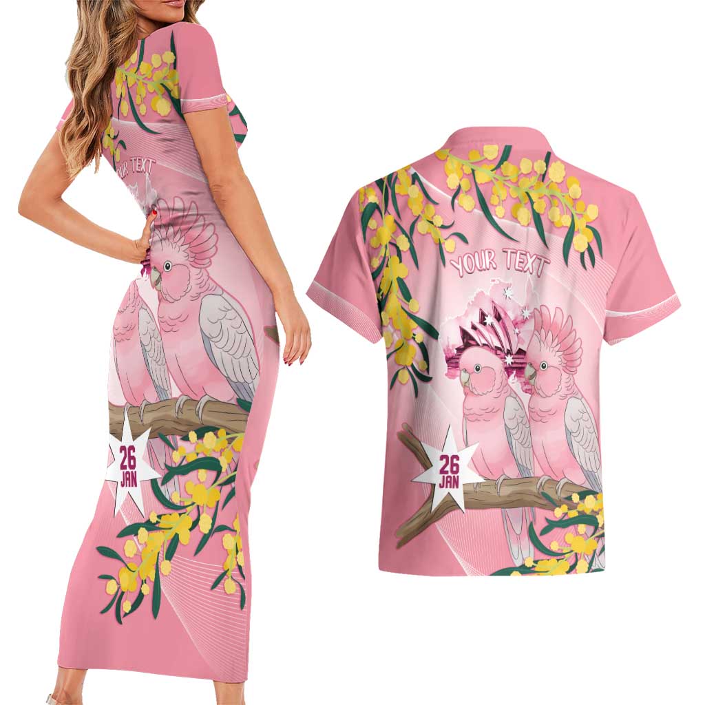 Personalised Galah Australia Day Couples Matching Short Sleeve Bodycon Dress and Hawaiian Shirt 26th January Golden Wattle Pink Color - Aussie Hoodie