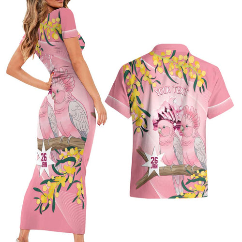 Personalised Galah Australia Day Couples Matching Short Sleeve Bodycon Dress and Hawaiian Shirt 26th January Golden Wattle Pink Color - Aussie Hoodie