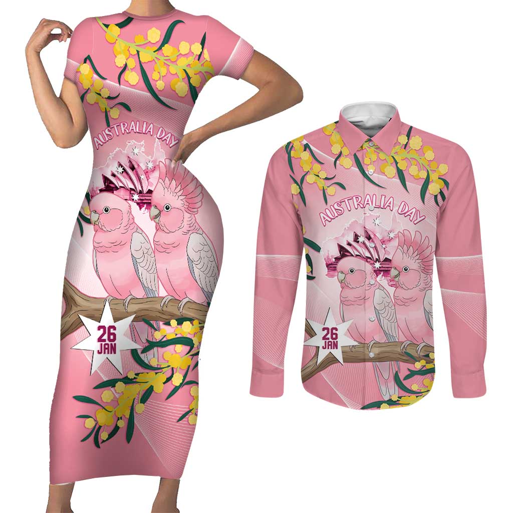 Personalised Galah Australia Day Couples Matching Short Sleeve Bodycon Dress and Long Sleeve Button Shirt 26th January Golden Wattle Pink Color - Aussie Hoodie
