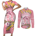 Personalised Galah Australia Day Couples Matching Short Sleeve Bodycon Dress and Long Sleeve Button Shirt 26th January Golden Wattle Pink Color - Aussie Hoodie