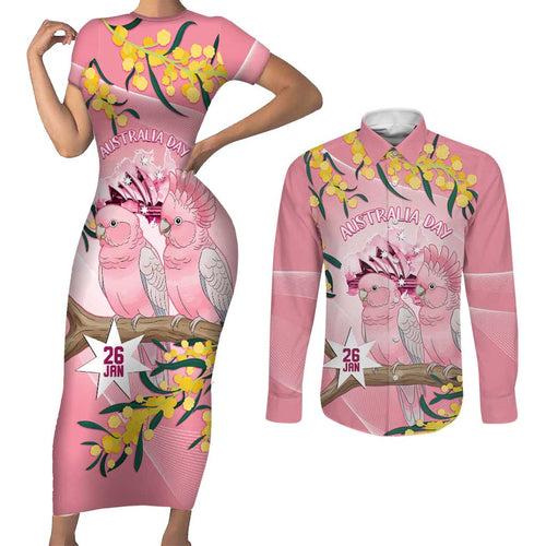 Personalised Galah Australia Day Couples Matching Short Sleeve Bodycon Dress and Long Sleeve Button Shirt 26th January Golden Wattle Pink Color - Aussie Hoodie
