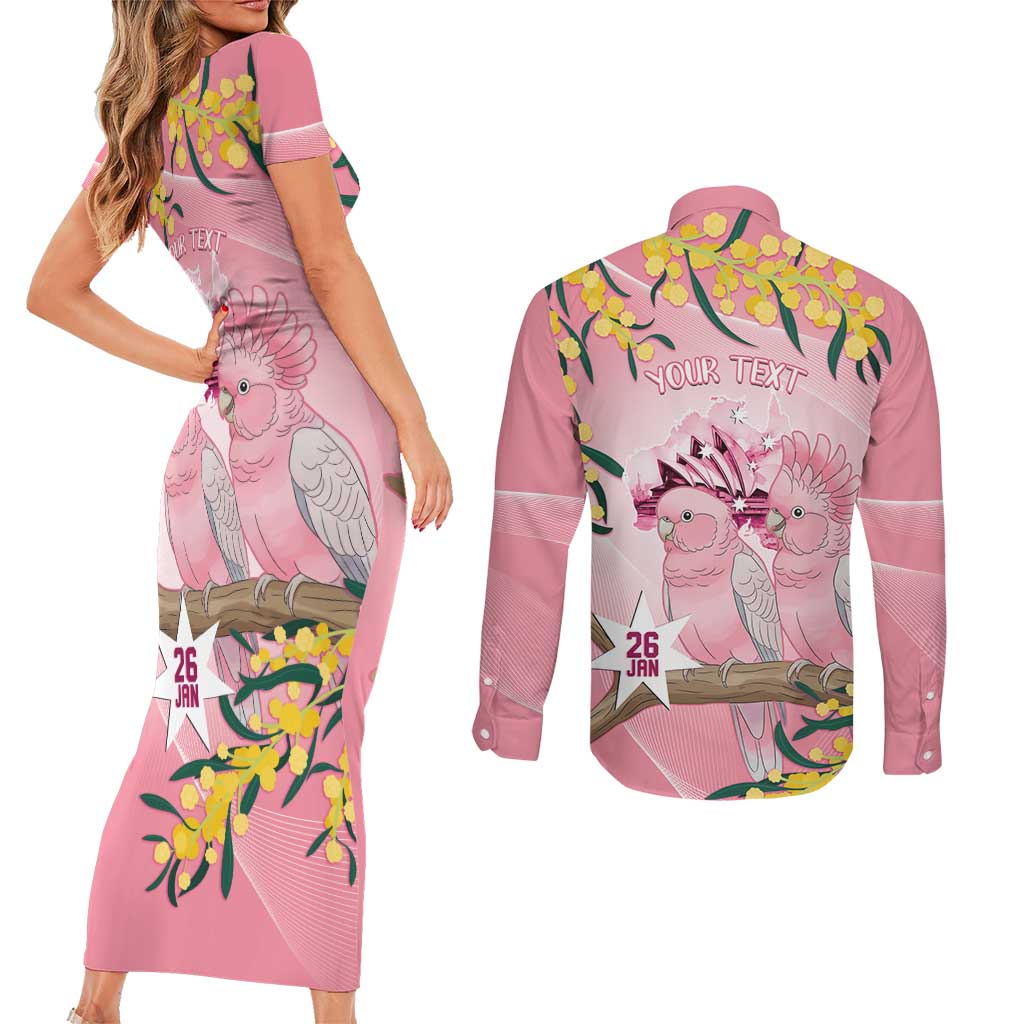 Personalised Galah Australia Day Couples Matching Short Sleeve Bodycon Dress and Long Sleeve Button Shirt 26th January Golden Wattle Pink Color - Aussie Hoodie