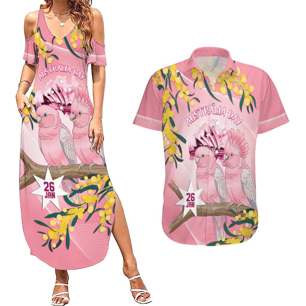 Personalised Galah Australia Day Couples Matching Summer Maxi Dress and Hawaiian Shirt 26th January Golden Wattle Pink Color - Aussie Hoodie