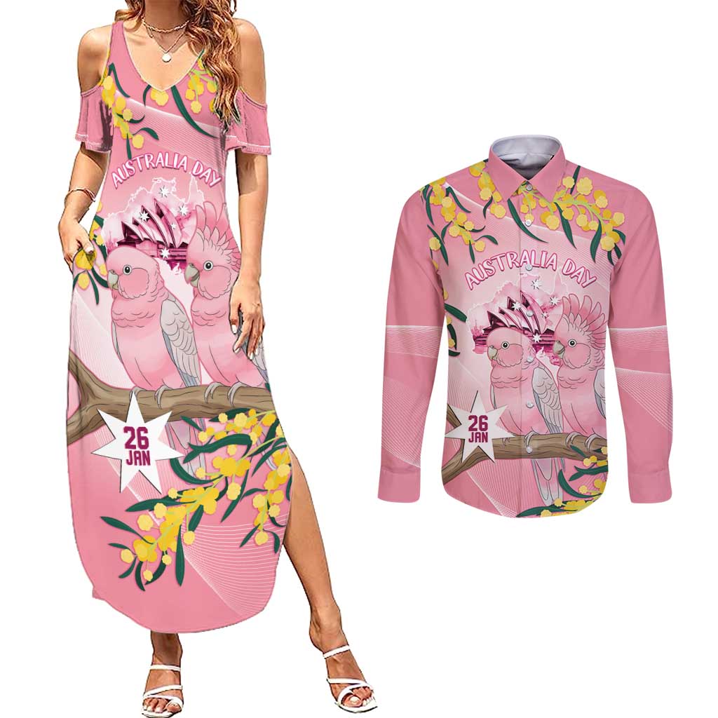 Personalised Galah Australia Day Couples Matching Summer Maxi Dress and Long Sleeve Button Shirt 26th January Golden Wattle Pink Color - Aussie Hoodie