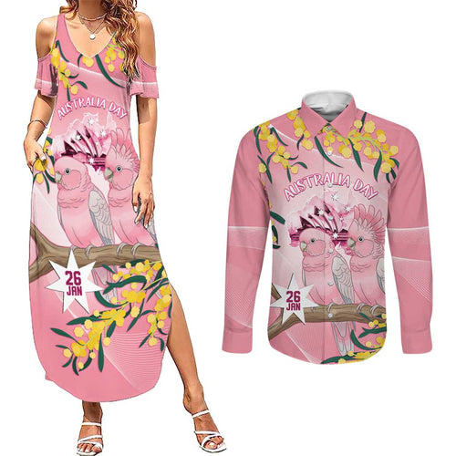 Personalised Galah Australia Day Couples Matching Summer Maxi Dress and Long Sleeve Button Shirt 26th January Golden Wattle Pink Color - Aussie Hoodie