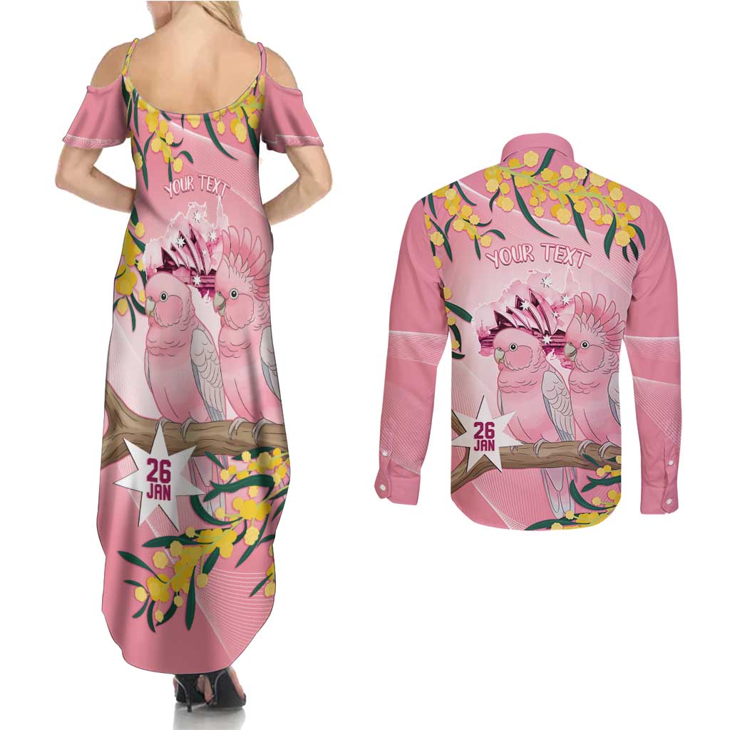 Personalised Galah Australia Day Couples Matching Summer Maxi Dress and Long Sleeve Button Shirt 26th January Golden Wattle Pink Color - Aussie Hoodie