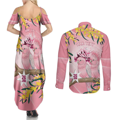 Personalised Galah Australia Day Couples Matching Summer Maxi Dress and Long Sleeve Button Shirt 26th January Golden Wattle Pink Color - Aussie Hoodie