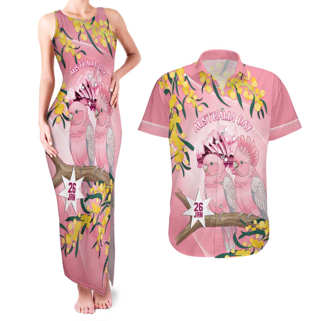 Personalised Galah Australia Day Couples Matching Tank Maxi Dress and Hawaiian Shirt 26th January Golden Wattle Pink Color - Aussie Hoodie
