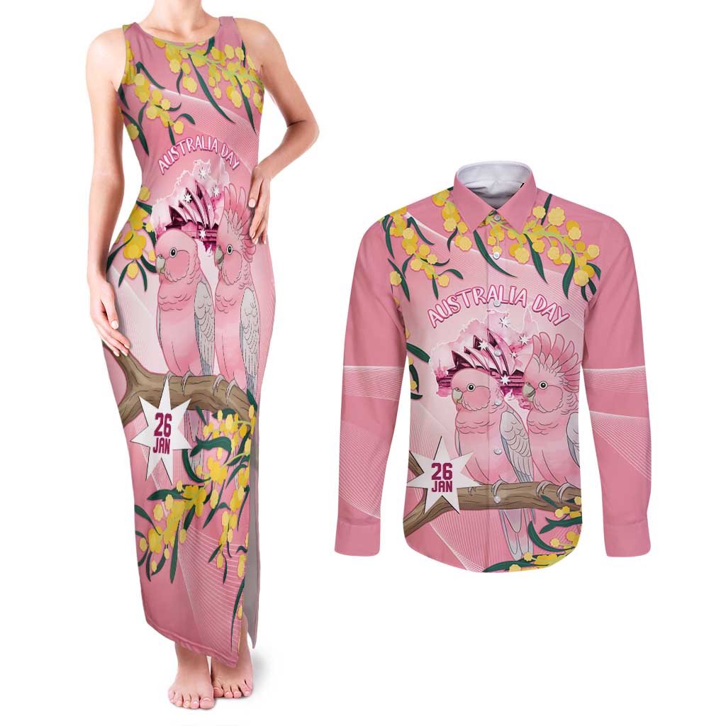 Personalised Galah Australia Day Couples Matching Tank Maxi Dress and Long Sleeve Button Shirt 26th January Golden Wattle Pink Color - Aussie Hoodie