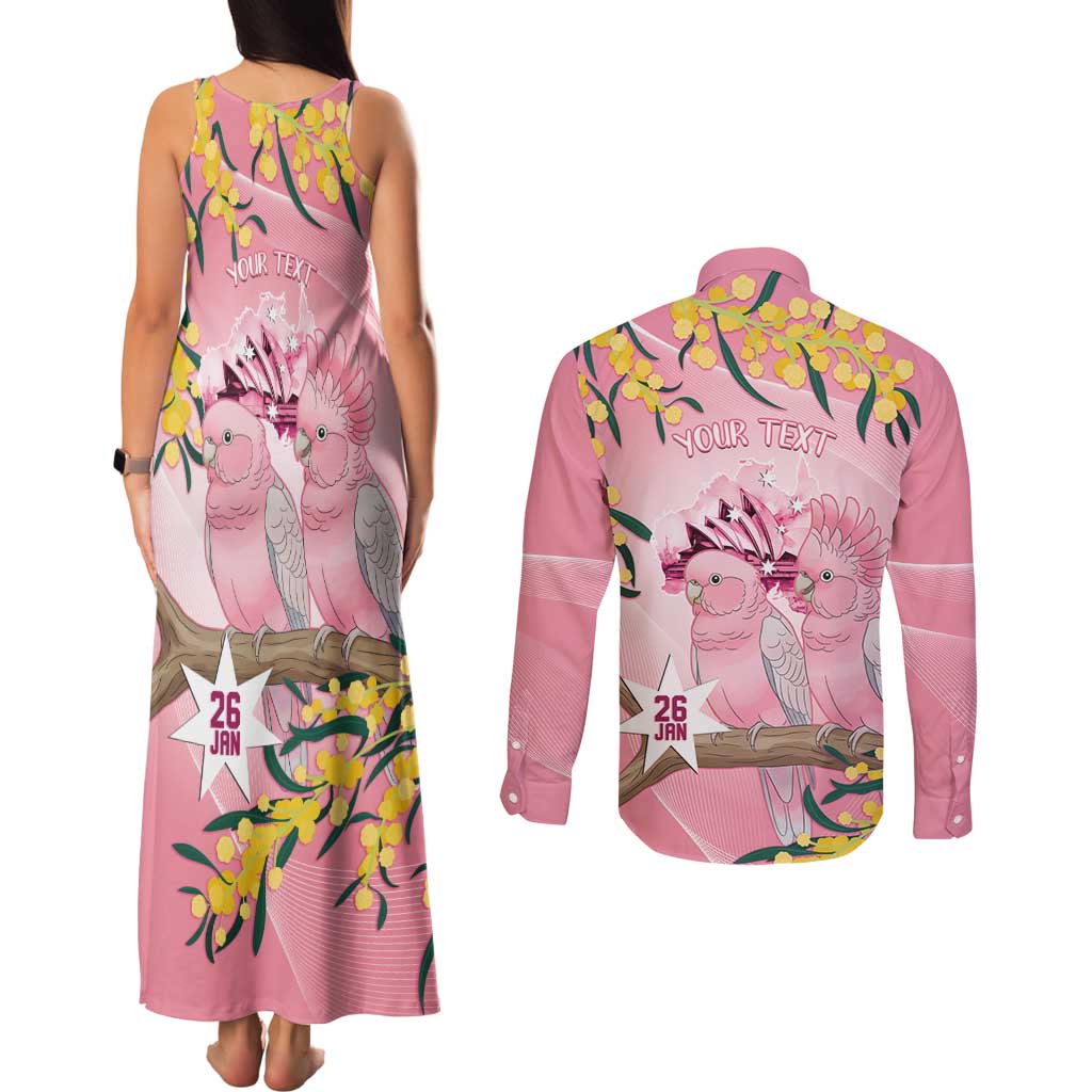 Personalised Galah Australia Day Couples Matching Tank Maxi Dress and Long Sleeve Button Shirt 26th January Golden Wattle Pink Color - Aussie Hoodie