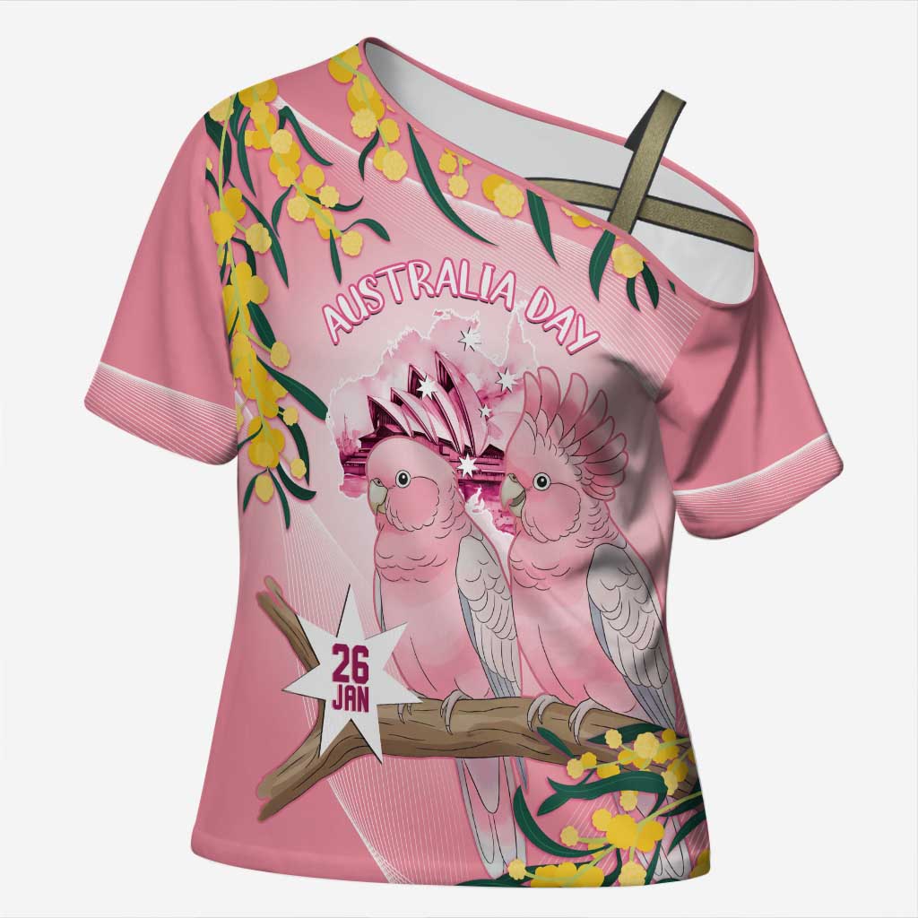 Personalised Galah Australia Day Cross Shoulder Shirt 26th January Golden Wattle Pink Color - Aussie Hoodie