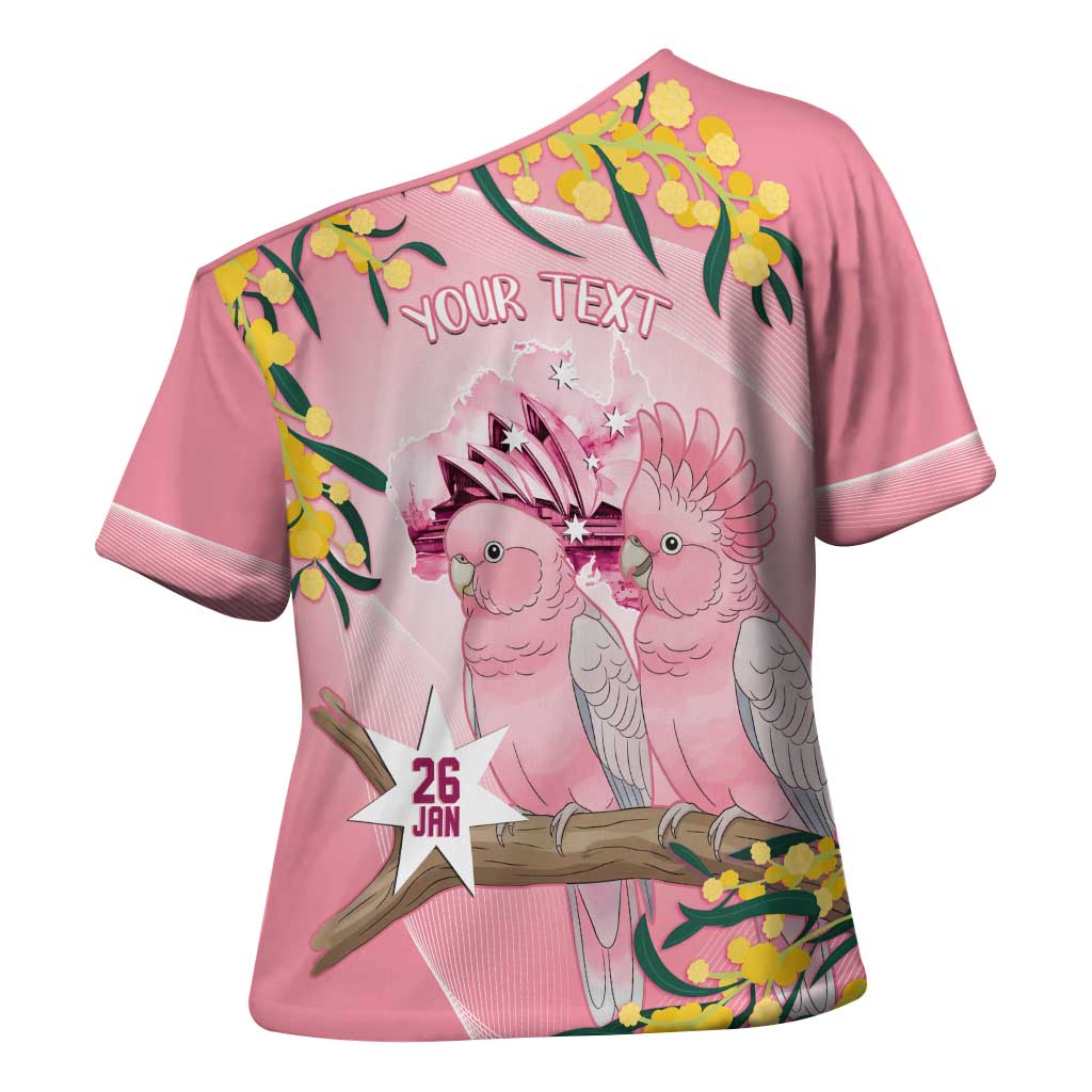 Personalised Galah Australia Day Cross Shoulder Shirt 26th January Golden Wattle Pink Color - Aussie Hoodie