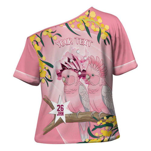 Personalised Galah Australia Day Cross Shoulder Shirt 26th January Golden Wattle Pink Color - Aussie Hoodie