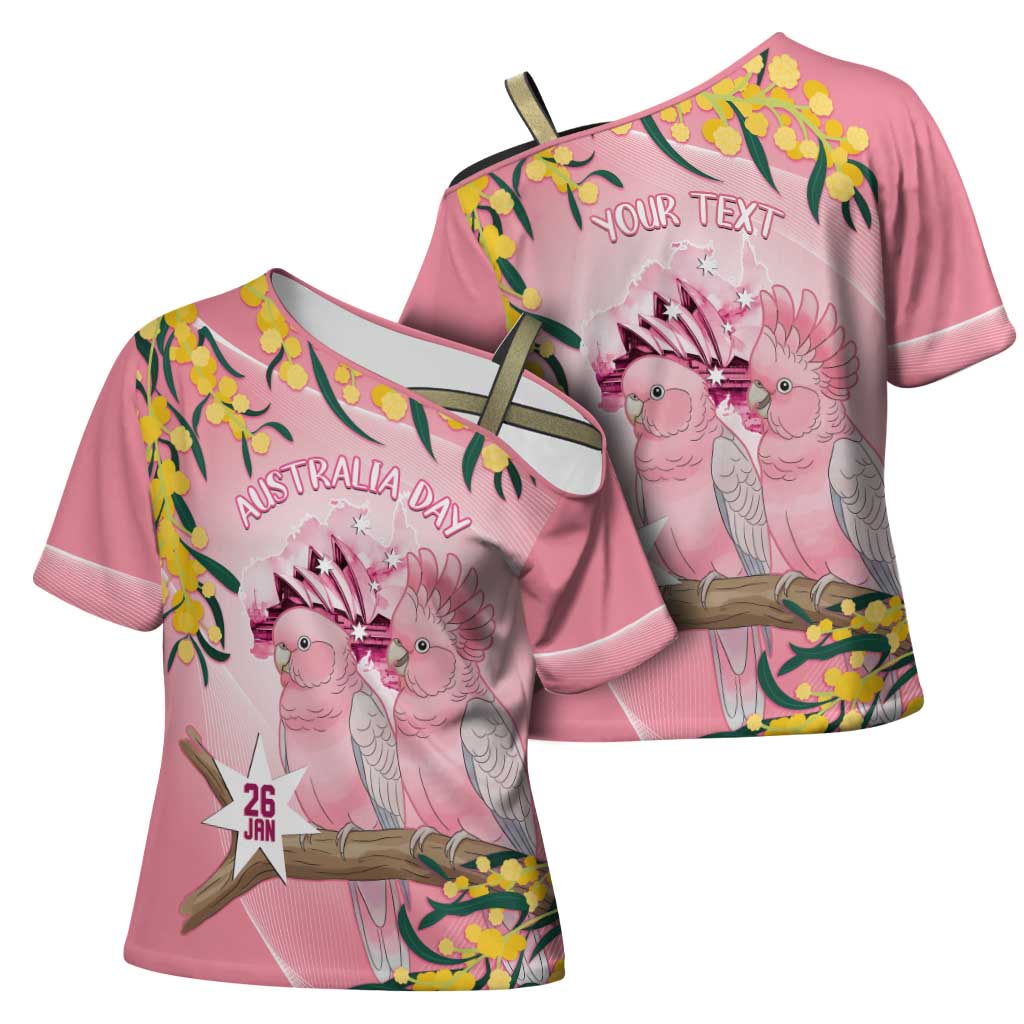 Personalised Galah Australia Day Cross Shoulder Shirt 26th January Golden Wattle Pink Color - Aussie Hoodie
