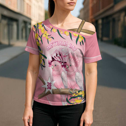 Personalised Galah Australia Day Cross Shoulder Shirt 26th January Golden Wattle Pink Color - Aussie Hoodie
