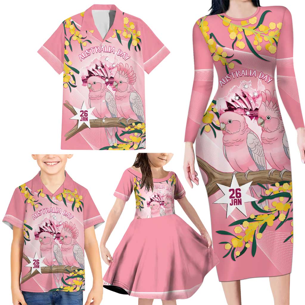 Personalised Galah Australia Day Family Matching Long Sleeve Bodycon Dress and Hawaiian Shirt 26th January Golden Wattle Pink Color - Aussie Hoodie