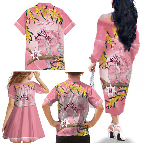 Personalised Galah Australia Day Family Matching Off The Shoulder Long Sleeve Dress and Hawaiian Shirt 26th January Golden Wattle Pink Color - Aussie Hoodie