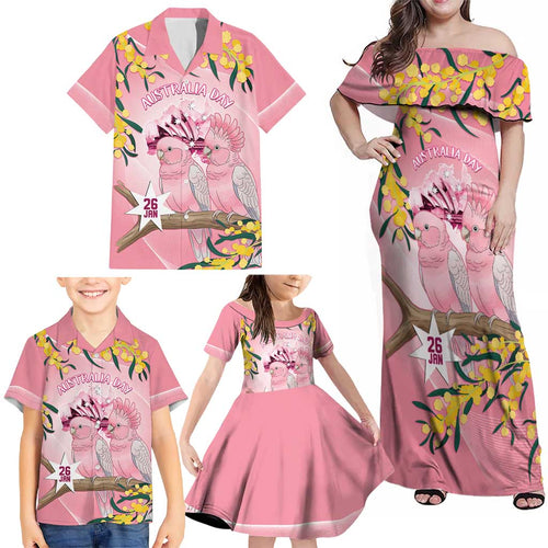 Personalised Galah Australia Day Family Matching Off Shoulder Maxi Dress and Hawaiian Shirt 26th January Golden Wattle Pink Color - Aussie Hoodie