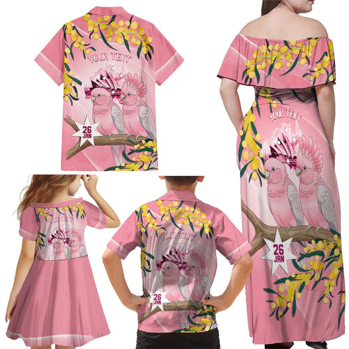 Personalised Galah Australia Day Family Matching Off Shoulder Maxi Dress and Hawaiian Shirt 26th January Golden Wattle Pink Color - Aussie Hoodie