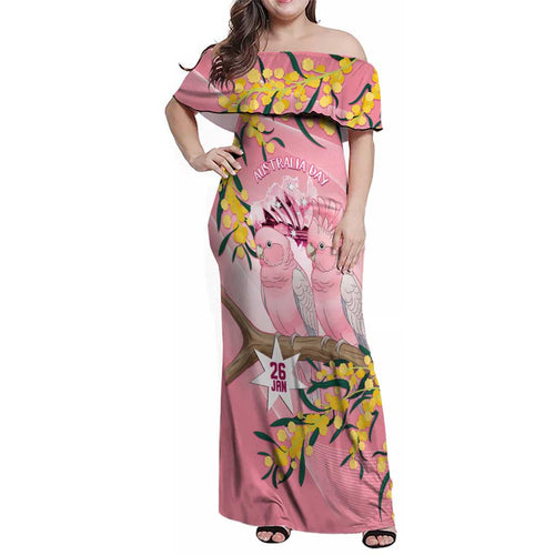 Personalised Galah Australia Day Family Matching Off Shoulder Maxi Dress and Hawaiian Shirt 26th January Golden Wattle Pink Color - Aussie Hoodie
