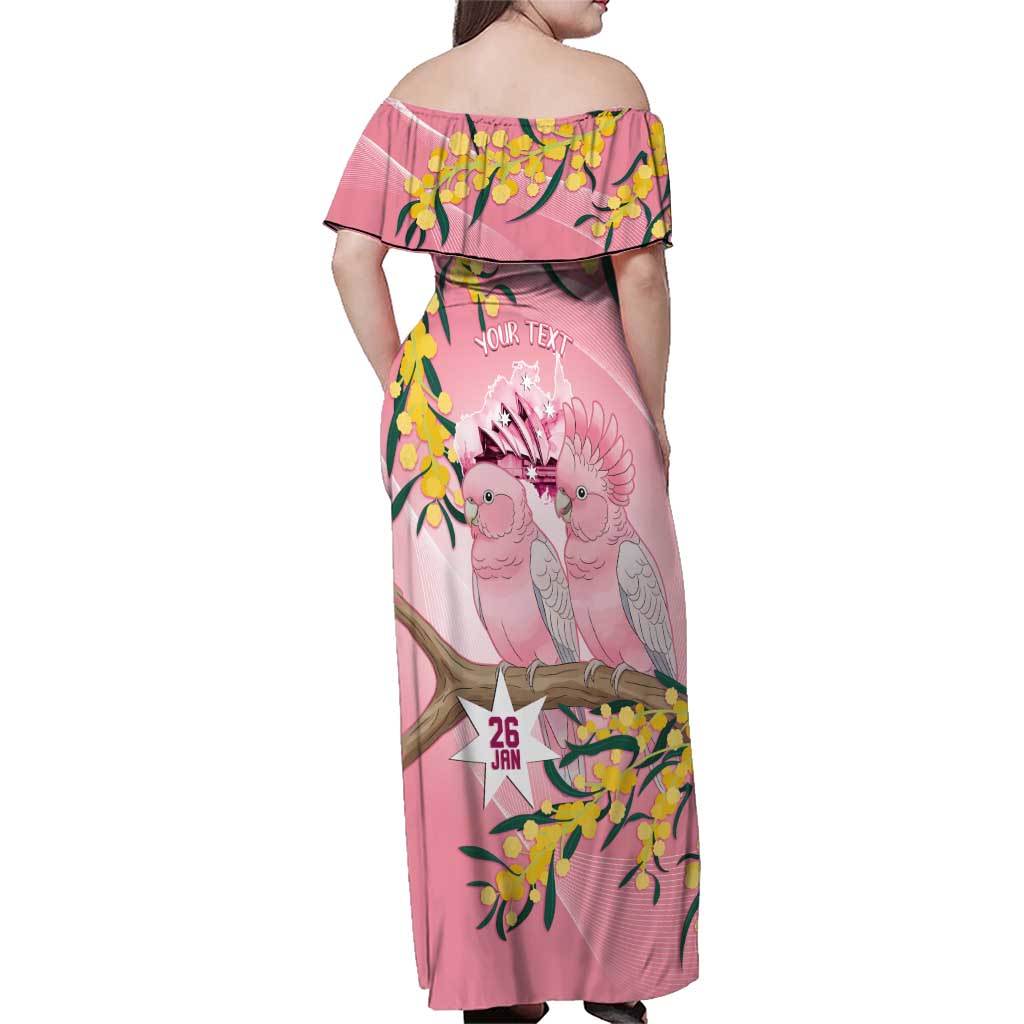 Personalised Galah Australia Day Family Matching Off Shoulder Maxi Dress and Hawaiian Shirt 26th January Golden Wattle Pink Color - Aussie Hoodie