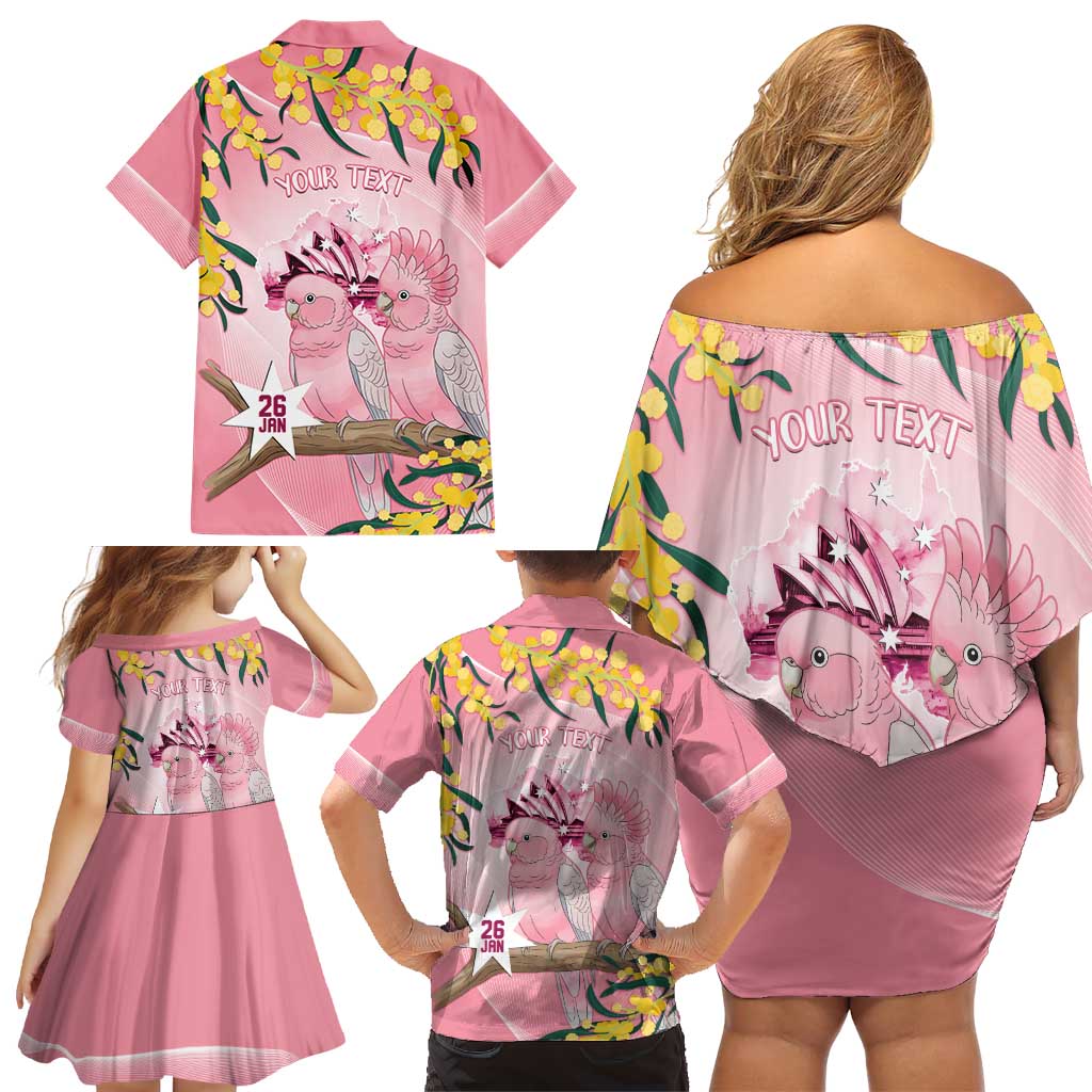 Personalised Galah Australia Day Family Matching Off Shoulder Short Dress and Hawaiian Shirt 26th January Golden Wattle Pink Color - Aussie Hoodie