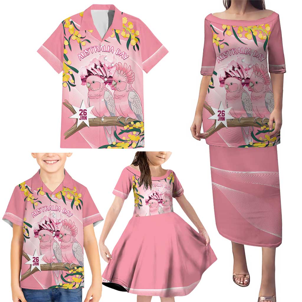 Personalised Galah Australia Day Family Matching Puletasi and Hawaiian Shirt 26th January Golden Wattle Pink Color - Aussie Hoodie