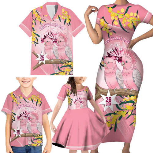 Personalised Galah Australia Day Family Matching Short Sleeve Bodycon Dress and Hawaiian Shirt 26th January Golden Wattle Pink Color - Aussie Hoodie